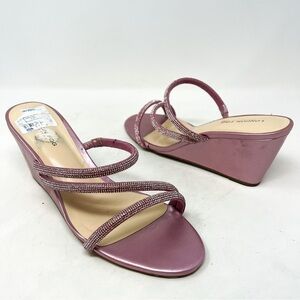 London Fog Deserae Strappy Rhinestone Pink Purple Evening Wedge Sandals Size 10W